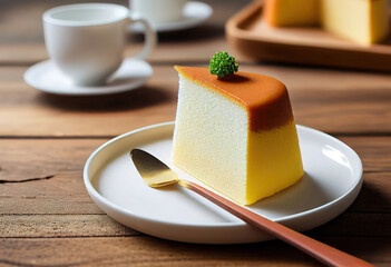 Wall Mural - Castella delicious japanese sliced sponge cake food on white plate over rustic wooden table. Generative Ai