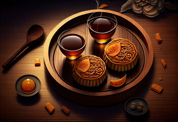 Wall Mural - Chinese traditional pastry moon cake mooncake with tea cups on bamboo servingwarning tray on wooden. Generative Ai