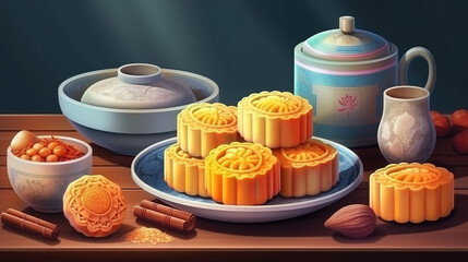 Wall Mural - Mooncake concept on light background. Generative Ai