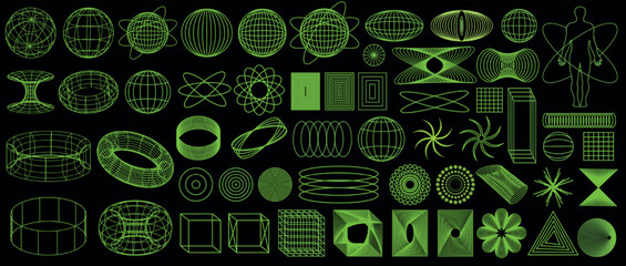 3d Retro futuristic. Green trip elements on the black background. Acid rave concept. Trippy vibe shapes, dots, lines, abstract forms in vaporwave 80s and 90s.