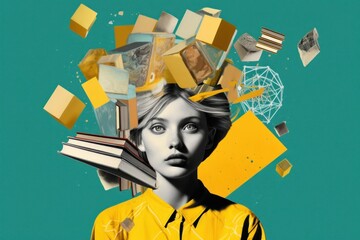 A girl with a bag of books in her head. Illustration AI Generative.