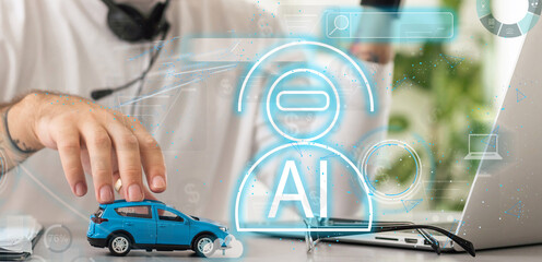Poster - Automation Software Technology Process System Business concept. young entrepreneur working on a virtual screen of the future and sees the inscription: Automation. Artificial intelligence (AI).