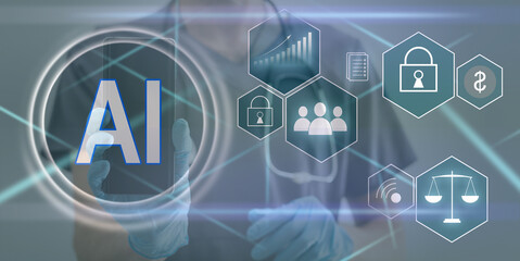 Poster - Doc AI icon on virtual screen. Futuristic medicine, world assistance and the future. Technological surgery on heart. Modern innovative information technology in health care.