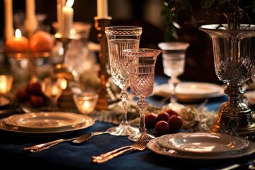 Photo of a beautiful dinner table prepared for New Year's Eve. Generative AI