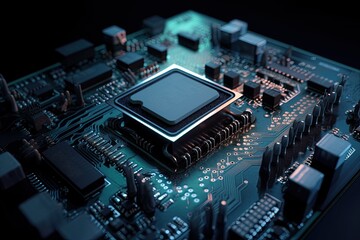 Poster - Close up of electronic circuit board with processor. 3D rendering, Information technology concept with a futuristic motherboard, Ai Generated