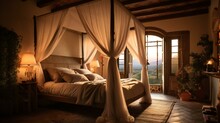 Rustic Countryside Bedroom Retreat, Canopy Bed, Warm Ambient Lighting, Terracotta And Natural Wood Tones, Serene Evening Overlooking Tuscany Hills - Generative AI