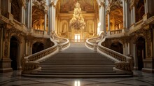Opulent Luxurious, Grand Hall Interior, Grand Staircase, Marble And Gold, Chandelier Lighting, Extravagant Noon In Monaco - Generative AI