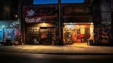 Urban Alley Street Scene, Graffiti Art Walls, Ambient Storefront, Atmospheric Evening, Moody, Derelict, Vintage Feel In Downtown City Vibe - Generative AI