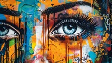 Graffiti Wall Street Art, Colourful Eye Design, Rough Spray Paint, Vivid Colors, Afternoon In Berlin, Rebellious Industrial - Generative AI