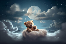 Illustration Of A Teddy Bear Sleeping On A Cloud, Generative AI