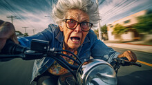 Elderly Woman With A Fearful Look Faces The City Traffic On Her Motorbike - Ai Generative