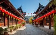 Street decorated with traditional red lanterns, Lijiang, China, Generative AI
