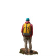A person hiking with a backpack standing on a rock on a transparent background png isolated Generative Ai
