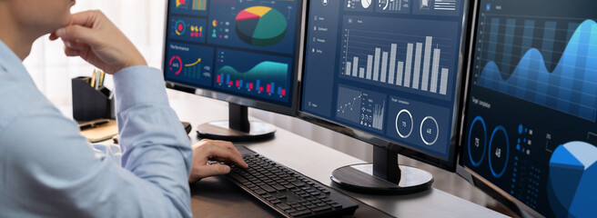 Poster - analyst working on data analysis or bi dashboard on computer monitor. businessman analyzing financia