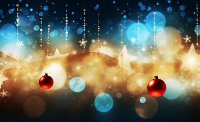 Poster - Gold, red and blue Christmas tree with decorations, snowflakes and bokeh background. Generative AI.
