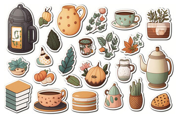 Ai generated illustration Set of sticker of cute daily object