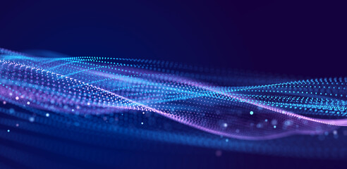 Poster - Abstract background grid. Data stream. Futuristic blue particle wave. 3d rendering.