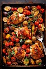 One Pan Dinner: Roasted Sheet Pan Chicken with Veggies and Appetising Sauce. Generative AI