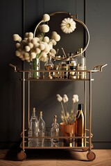 Modern 3D Mini Bar Interior Design with Masculine Brass Trolley, Drinks, Alcohol, and Dried Flowers for Whiskey, Cocktails, and Vodka. Generative AI