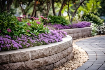 Retaining Wall Design with Concrete and Stone Collar for Garden and Park Landscaping amidst Nature's Beauty. Generative AI