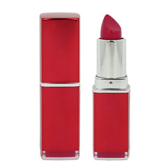 Wall Mural - Open red lipstick in a plastic case on a white background