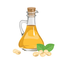 Wall Mural - Soybean oil in glass bottle. Vector cartoon illustration of healthy organic food