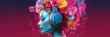 canvas print picture - Frau mit Kopfhörern und Blumen in den Haaren - Künstlich - Flower Power Hintergrund