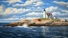 Nubble Lighthouse: Majestic Views Of The Iconic Maine Landmark Amidst The Atlantic Ocean Waves And Boats With Seagulls Flying Above: Generative AI