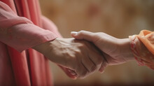 Middle Aged Asia People Old Mom Holding Hands Trust Comfort Help Young Woman Talk Crying Stress Relief At Home. Mum As Friend Love Care Hold Hand Adult Child Feel Pain Sad Worry Of Life Crisis Issues.