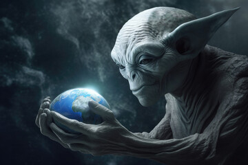 Aufkleber - Evil Gray Alien from Other Worlds Holding in His Hands Earth Globe Planet extreme closeup. Generative AI