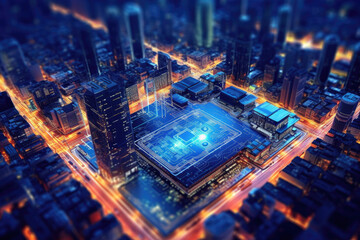 Poster - Computer Motherboard With a CPU Processor in the Shape of an Abstract Digital City extreme closeup. Generative AI