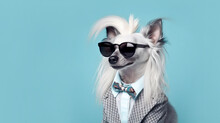 Shaggy Dog With Glasses On A Blue Background. Copy Space. Banner. AI Generation
