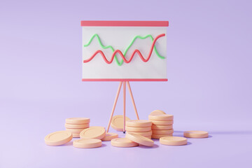 Poster - Data presentation chart financial graph economics statistics analytics. growth target planning investing education concept. business profit strategy board icon on purple background. 3d rendering