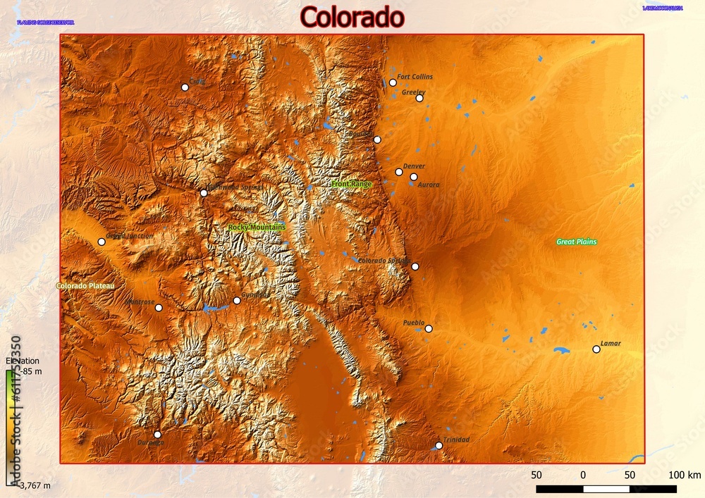 Physical map of Colorado with mountains, plains, bridges, rivers, lakes ...