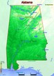 Physical map of Alabama with mountains, plains, bridges, rivers, lakes, mountains, cities