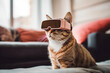 Cat wearing VR headset. AI generated portrait of cat in virtual reality glasses.