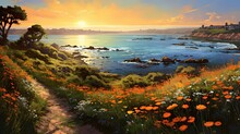 Illustration Of Beautiful Orange Cosmos Flower Field On Road Side To The Beach, Generative Ai