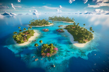 Panorama Of Aerial View At Sea And Rocks. Turquoise Water Background From Top View. Tropical Summer Seascape From Air. Ai Generative