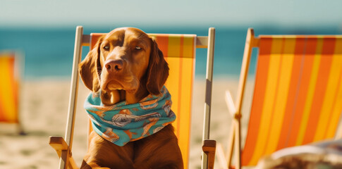 Poster - dog relax summer funny chair lazy beach sunglasses vacation pet. Generative AI.