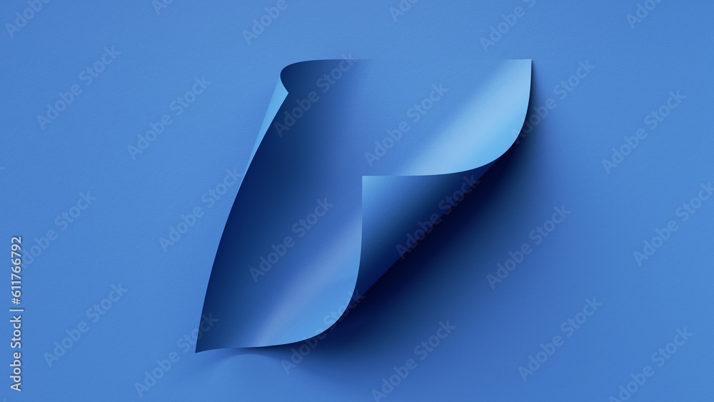 3d render, abstract blue background with scrolled paper sheet, blank ...