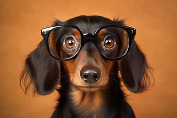 Wall Mural - Closeup of dachshund dog wearing glasses, front view portrait, on solid yellow background. AI generative.