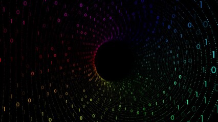 Dark colourful binary code tunnel loop animation.