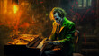 Rock and roll musician in steampunk joker style plays piano, scary clown performs composition. Created in AI.