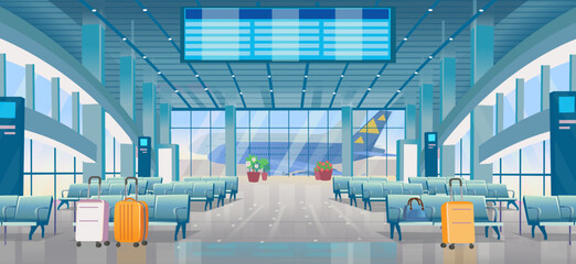 Airport waiting hall by day. Interior inside the airport terminal with chairs and departure board in blue colors. A large hall with high windows and a plane in the parking lot. Vector cartoon illustra