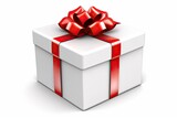 Fototapeta  - white gift box with a red bow on top against a plain background. Generative AI