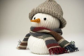 Canvas Print - cute knitted snowman with winter accessories. Generative AI