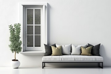 Canvas Print - cozy white couch next to a window with closed shutters. Generative AI