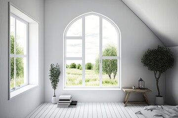 Poster - A white, empty room with a view of a summer countryside via the window. Nordic-style interior design. Generative AI