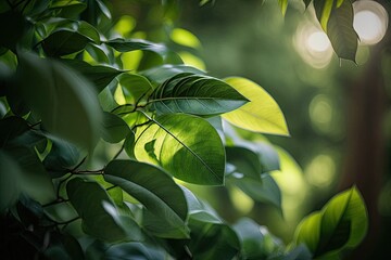 Canvas Print - Green leaves in a garden in the summertime. As a spring background cover page environment ecology or greenery wallpaper, natural green leaves plants are employed. Generative AI