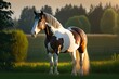 A bayutiful pinto horse is seen in this outdoor, at dusk, scenery photograph in the late summer. Generative AI